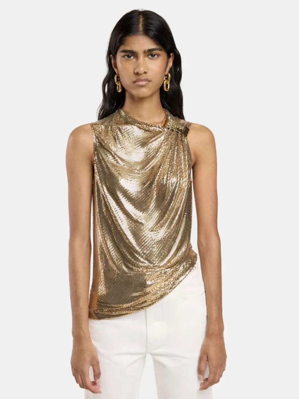 Asymmetrical Draped Gold Mesh Top