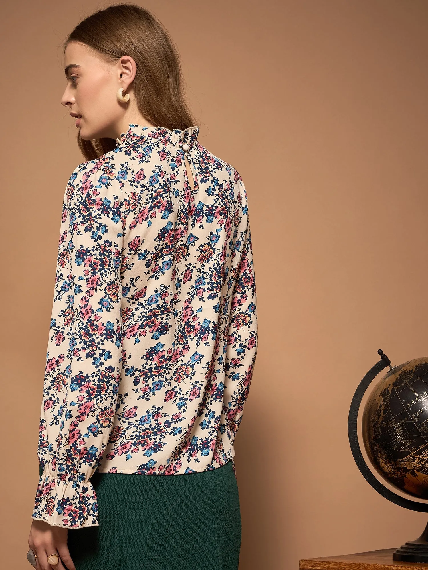 Berrylush BIZwear Women White, Blue, & Pink Floral Printed Stand Collar Neck Bishop Sleeves Back Keyhole Ruffled Regular Top