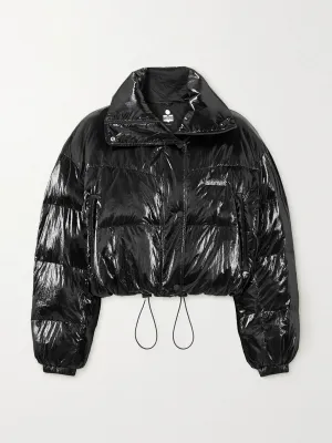 Black cropped padded quilted glossed-shell jacket